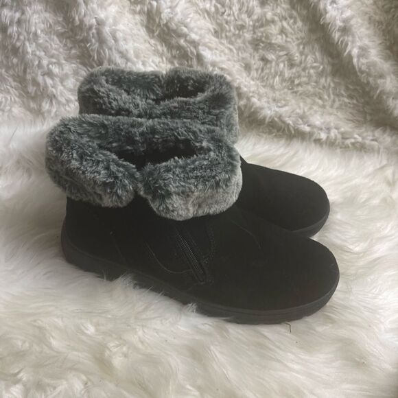 KHOMBU Jessica leather suede black ankle boots with gray & black faux fur SZ10M - Picture 10 of 12